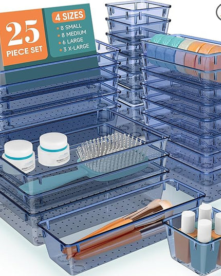 25 PCS Drawer Organizer Set, 5 Varied Size Bathroom and kitchen Drawer cabinet organizer Trays, Clear Storage Bins for Makeup, Jewelry, Utensils and Gadgets, Dark Blue