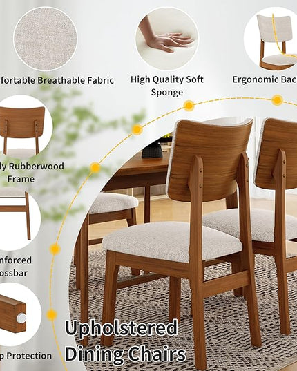 5-Piece Wooden Dining Set Mid-Century Modern Dinner Table and 4 Upholstered Chairs Rectangular Table with Chairs Set Rubberwood Legs Linen Padded Seat & Backrest for Dining Room Kitchen Apartment