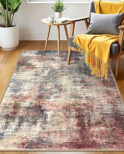 IOHOUZE Abstract Area Rug 3x5 Ft Washable Rugs for Entryway Indoor, Non Slip Kitchen Rug Printed Faux Wool Throw Rugs, Indoor Door Mat for Door Entrance Foyer Living Room, Red/Multi