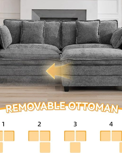 76'' Cloud Deep Seat Loveseat Sofa, Upholstered Chenille Modular 2-Seats Sectional Sofa Couch with Movable Ottoman, Modern Comfy Settee Loveseat for Living Room Set, Small Apartment, Grey