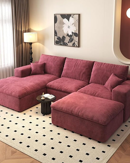 107'' U-Shaped Modern Modular Sectional Cloud Couch Whit Ottoman, 4-Seat Chenille Deep-Seat Sofa with Pillow for Living Room, Bedroom, Apartment, Wine Red