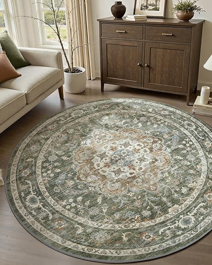 PADOOR-Vintage 6FT Round Rug-Rugs for Living Room-Soft Olive Green Circle Rug-Machine Washable Rugs for Bedroom-Non Slip Carpet-Rug for Dining Room Living Room Bedside Office