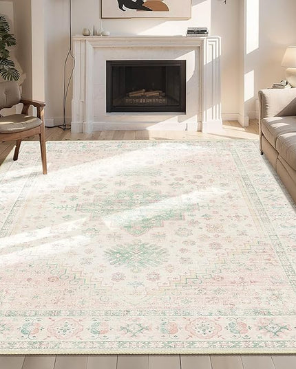 MUJOO 6x9 Area Rugs Washable,Boho Rugs for Living Room Bedroom Dining Room,Large Non Slip Throw Carpet Indoor,Low Pile Light Pink and Green