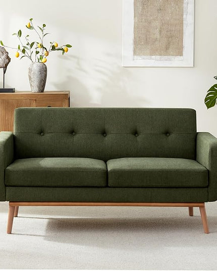 HUIMO Sofa Couch, Mid Century Modern Sofa with Solid Wood Frame, Button Tufted Couch for Bedroom, Living Room, Office, Apartment (Green, 60 inch)
