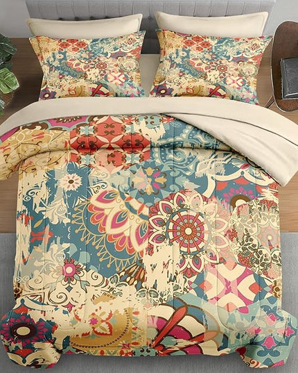 Comforter Set Twin Size, Vintage Colorful Flower 5 Pcs Bedding for Kids and Adults, Floral Retro Beige Bed Sheet Sets with Fitted Sheet Pillowcase & Sham for Bedroom Bed Decor