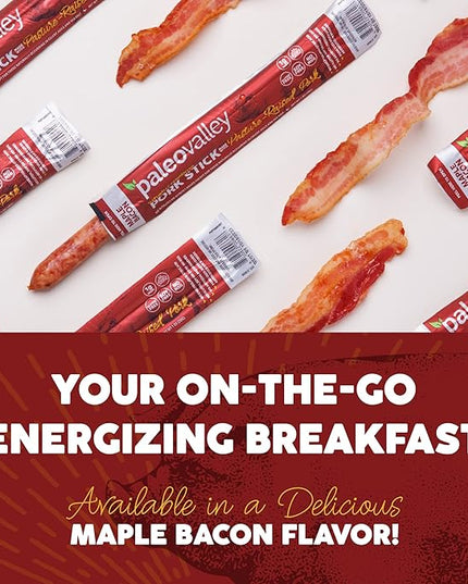 Paleovalley Pasture-Raised Pork Sticks - Maple Bacon Flavor Meat Sticks Individually Wrapped, 28g - 10 Sticks - Gluten-Free Protein Snack