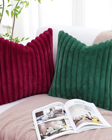 decorUhome Faux Fur Spring Throw Pillow Covers 18x18 Set of 2, Decorative Soft Plush Striped Neutral Couch Euro Pillow Covers with Velvet Back for Sofa, Bed, Living Room Home Decor, Christmas Green