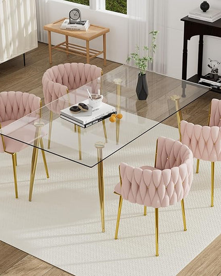 Modern Luxury Golden Dining Table Set, 5 Pcs Clear Glass Top Rectangle Kitchen Table Set, 63'' Minimalist Dinner Room Set for 4, Pink Retro Woven Dining Chair for Home Large Place Apartment