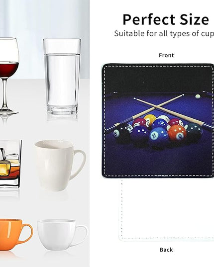 Marble Coasters Square Leather Drinks Coaster Set with Holder for Coffee Table Bar Home Decor 4 Inches Set of 6 (Billiards, One Size)