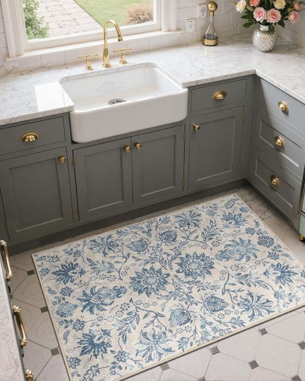 jinchan Torino 3x5 Area Rugs for Entryway, Vintage-Inspired Floral Design Machine Washable Non-Slip Low-Pile Rug, Ultra-Thin Indoor Traditional Accent Carpet for Entrance Bedroom Hallway, Dark Blue