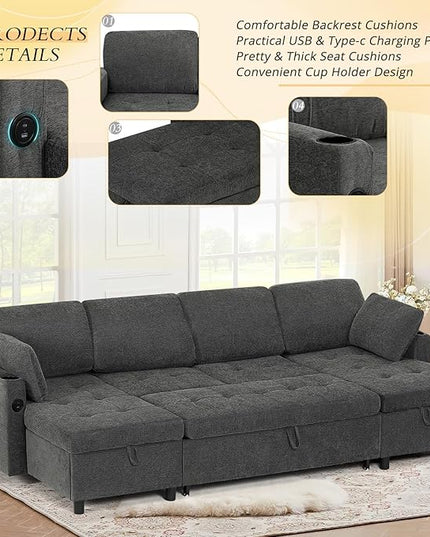 110" Fabric Pull-Out Couch Bed w/Adjustable Backrests, Sectional Sleeper Sofa w/USB Ports & 2 Cup Holders, Upholstered U-Shaped Couch w/Storage Chaise for Living Room, House, Grey