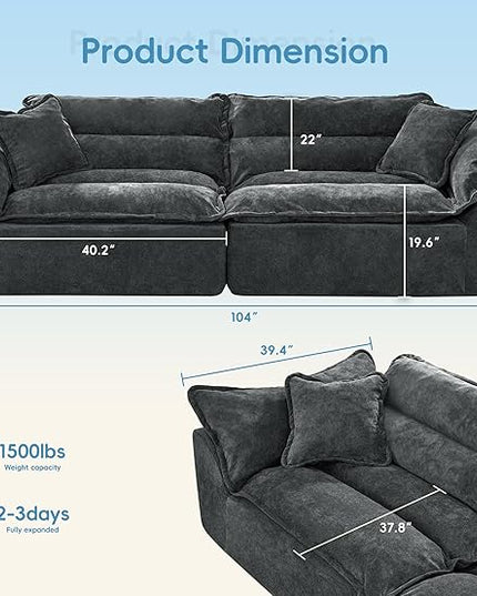 Hobestluk 104" Sectional Sofa Couches 3 Seater Modular Sofa, Boneless Couch, Cloud Couch with Removable Cushion, Modular Sectional Couches for Living Room(Darkgrey)