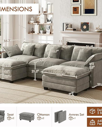 WorthFurni 111.4” Modular Sectional Sofa, U Shape Cloud Couch with 2 Movable Ottoman, Comfy Chenille Deep Seat Sofa with Soft Pillows for Apartment Living Room Bedroom（Grey）