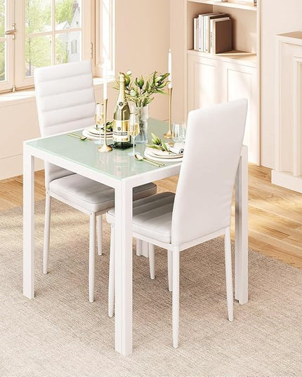 Gizoon 3 Piece Glass Dining Table Set, Kitchen and Chairs for 2, PU Leather Modern Room Sets for Home, Kitchen, Living Room