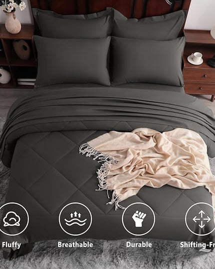 NTBAY Queen Comforter Set with Sheets, 7 Pieces Soft and Breathable Queen Bedding Set, Bed in a Bag, Down Alternative Comforter Set Solid Color All Season, Queen Bedding Set, Dark Grey