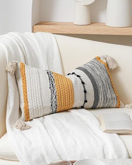 BlissBlush Decorative Lumbar Throw Pillow Cover 14x24 Boho Yellow Mustard Accent Cushion for Couch Sofa Farmhouse Pillowcase for Bedroom Living Room Home Décor Cover ONLY