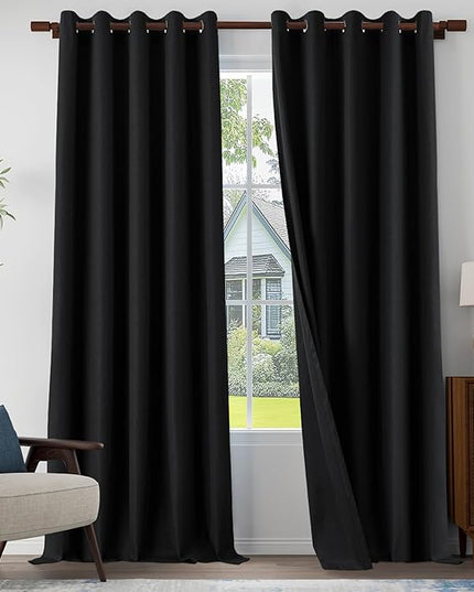 100% Blackout Linen Textured Curtains 108 Inch Length 2 Panels Set for Living Room, Bedroom, Light Weight Curtains with Grommets Top, Full Blackout Curtains Privacy Protection, Black, 66" W x 108" L