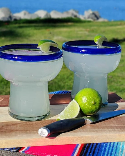 Dos Sueños Mexican Hand Blown Glass – Set of 4 Hand Blown Stemless Blue Rim Margarita Glasses (14oz)