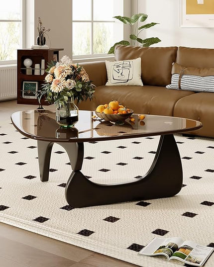 Coffee Table for Living Room Mid Century Modern Center Table with Glass Top and Wood, Black Brown