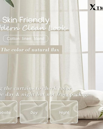 Extra Wide Curtains 70 In Width for 60 & 72 Inch Window,Pleated Back Tab Linen Semi Sheer Full Length Curtains for Living Room Sliding Glass Door 2 Panel Set,72x84,70x84,6FT x 84 Inches Long,Cream