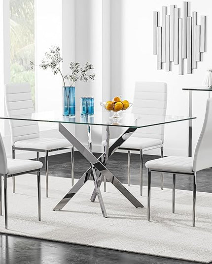 5 Piece Dining Table Table Set, Tempered Glass Dining Table Set for 4 Kitchen Table Set with 4 Upholstered Chairs for Kitchen Dining Room (Sliver Table with White Chair)