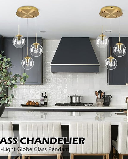 KoKo&Yukina 3-Light Globe Glass Pendant Light Modern Gold Clear Globe Glass Chandelier Adjustable Length Pendant Lights Fixtures High Ceiling Light for Kitchen Island Foyer (Bulb & Remote Incl.)