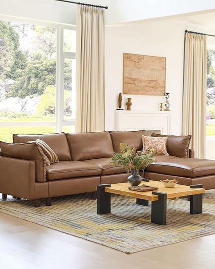 CHITA 92" Super Large Sectional Couches for Living Room, Modular Cloud Couch Sectional Sofa, Premium Genuine Leather Sofa, Down Filled, High Density Foam, Real Leather in Saddle, 2 Seater Loveseat