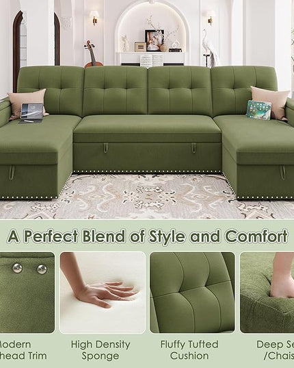 HIFIT 106" Sectional Couches for Living Room- Pull Out Sleeper Sofa Couch w/Storage Chaise,Storage Armrest,LED Light&USB Port&Cupholder,Modern Velvet U Shaped Home Sofa Living Room Furniture Set,Green
