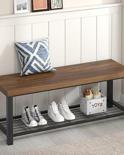 FOLUBAN Shoe Bench, Modern Wood and Metal Storage Bench for Entryway Hallway, Industrial Indoor Bedroom Bench Seat for Living Room, Mudroom, Rustic Walnut, 47 Inch