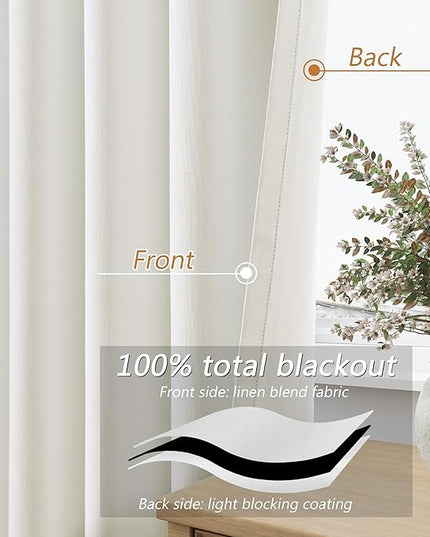 Guken Ivory Linen Blackout Curtains 42 Inch Wide by 90 Inch for Living Room Bedroom Back Tab Thermal Insulated 100% Black Out Linen Drapes Room Darkening Window Curtains