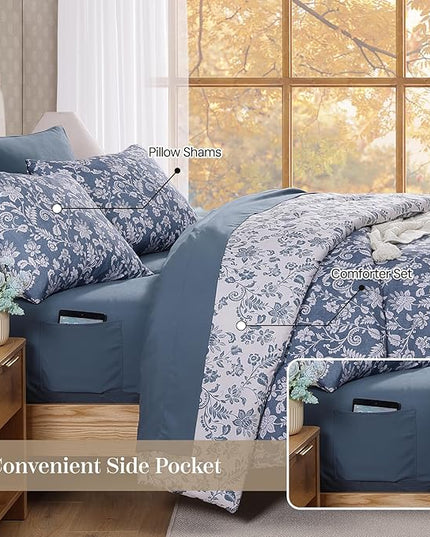 King Comforter Set -7 Pieces Floral Oxford Blue Comforter Set for All Seasons, Bed in a Bag King with Botanical Flowers Comforter, Sheets, Pillowcases & Shams