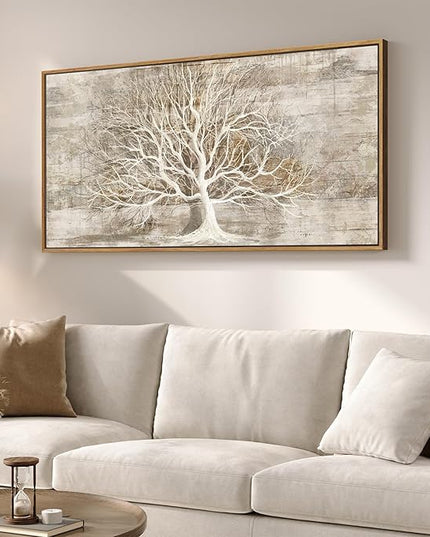 Framed Vintage Tree of Life Wall Art, Neutral Rustic Farmhouse Tree Canvas Painting Print Artwork for Walls, Gray White Beige Modern Abstract Forest Picture for Living Room Bedroom Office Wall Decor