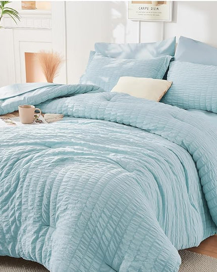 HYMOKEGE Lake Blue Twin Comforter Set Seersucker 5 Pieces, All Season Luxury Bed in a Bag for Bedroom, Bedding Set with Comforters, Sheets, Pillowcase & Shams