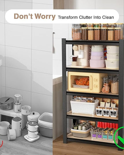 WORKPRO House 5-Tier Shelving Unit, 3000lbs Adjustable Storage Shelves, Boltless Book Shelf, Shelf Organizer for Kitchen, Living Room, Bathroom, Wood Grain Pattern, Waterproof Board, 24-1/10"W, Black