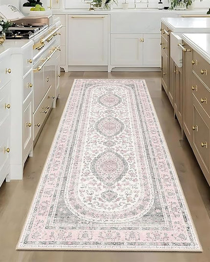 Washable Runner Rug 2x6,Pink Rug Runners Non Slip,Long Boho Rugs for Hallways Kitchen Bedroom Entryway Bathroom,Vintage Bohemian Distressed Farmhouse Floor Carpet,Grey Blush Floral