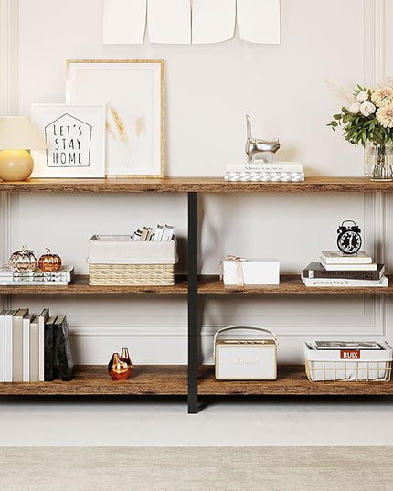 LVB Wood Console Table, Rustic 3 Tier Sofa Table Behind Couch, Industrial Metal Entryway Table with Storage Shelf, Farmhouse Wooden Foyer Hallway Table for Entry Living Room, Rustic Brown, 55 Inch