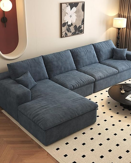 136.6'' L-Shaped Modern Modular Sectional Cloud Couch, 4-Seat Chenille Deep-Seat Sofa with Pillow for Living Room, Bedroom, Apartment, Ocean Blue