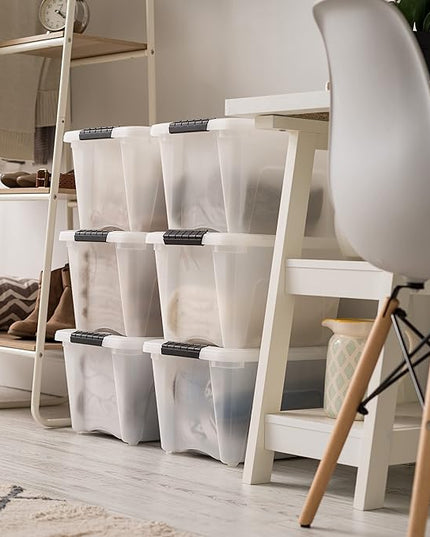 IRIS USA 19 Qt Stackable Plastic Storage Bins with Lids, 6 Pack - BPA-Free, Made in USA - Discreet Organizing Solution, Latches, Durable Nestable Containers, Secure Pull Handle - Pearl