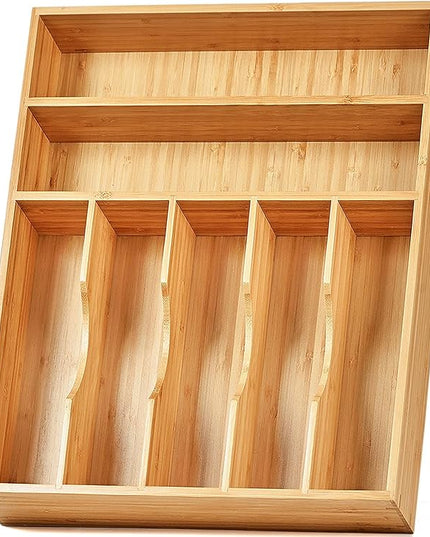 Umilife Kitchen Drawer Organizer, 12.5 Inch Silverware Utensil Tray Holder, Extra Deep, with Non-Slip Feet & Grooved Drawer Divider, 7 Slots Total Bamboo Wood Caddy for Flatware Cutlery Knives