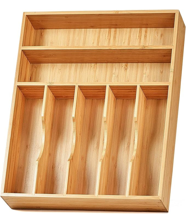 Umilife Kitchen Drawer Organizer, 12.5 Inch Silverware Utensil Tray Holder, Extra Deep, with Non-Slip Feet & Grooved Drawer Divider, 7 Slots Total Bamboo Wood Caddy for Flatware Cutlery Knives