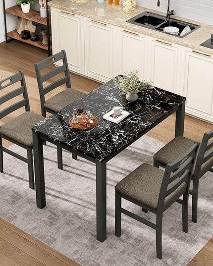 Sophia & William 5 Piece Dining Table Set for 4, Faux Marble Kitchen Table and Chairs Set, Solid Wood Farmhouse Dinner Table Set,Veined Black Marble & Gray