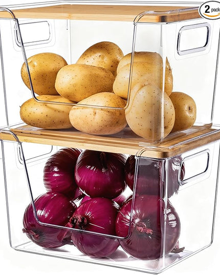 Criusia 2 Set Pantry Organizers and Storage with Bamboo Lids, Stackable Clear Bins for Onion, Potato, Fruit, Vegetables, Trash Bag Dispenser, Kitchen and Under Sink Organizer