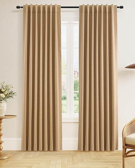 Guken 100% Blackout Linen Curtains 84 Inch Length 2 Panels Set for Living Room Bedroom Back Tab Thermal Insulated Black Out Linen Drapes Room Darkening Window Curtains 84 Inches Long,Camel Brown