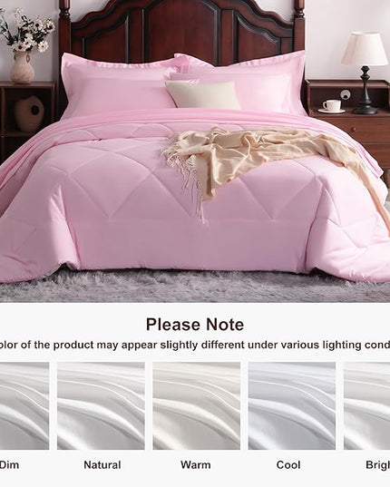 NTBAY King Comforter Set with Sheets, 7 Pieces Soft and Breathable King Bedding Set, Bed in a Bag, Down Alternative Comforter Set Solid Color All Season, King Bedding Set, Pink