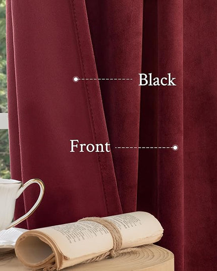 LAMIT Velvet Curtains 90 Inch for Theater, Burgundy Red Thermal Insulated Blackout Curtains for Living Room Darkening Back Tab and Rod Pocket Christmas Panels for Bedroom, 2 Panels, 52 x 90 Inch