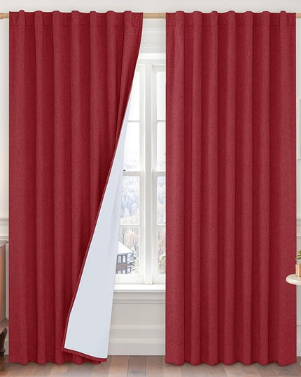 LAMIT Red 100% Blackout Linen Curtains, 84 Inch Linen Textured Living Room Christmas Decor Panels Room Darkening Back Tab and Rod Pocket Burlap Neutral Drapes with White Liner, 2 Panels, 60 x 84 Inch