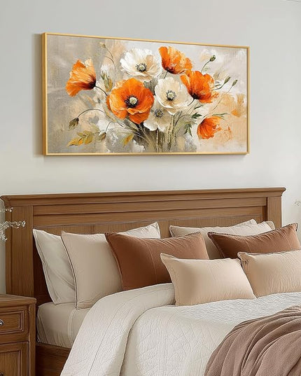 Large Floral Wall Art for Living Room, Gold Framed Orange White Flower Canvas Painting Prints Artwork, Modern Elegant Country Watercolor Flowers Picture for Bedroom Hallway Office Wall Decor, 20x40 In