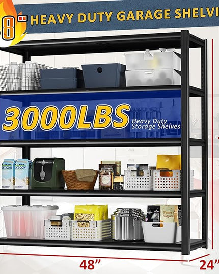 48" W Garage Shelving Heavy Duty 3030Lbs Storage Shelf 5 Tier Adjustable Shelving Units Metal Garage Storage Shelves for Basement, Commercial, Warehouse, Industrial, 72" H x 48" W x 24" D,