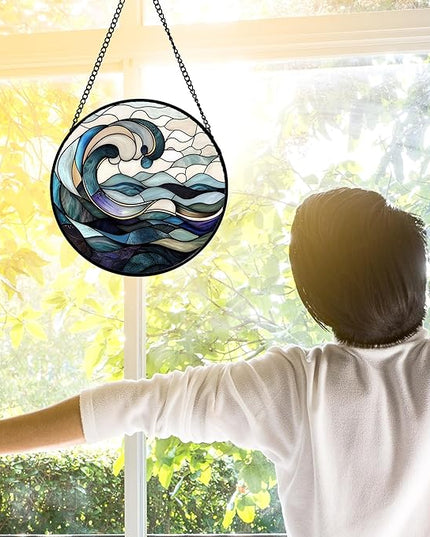 Stained Glass Window Hanging, Ocean Waves Sun Catchers Diamond Glass Panel Hangings Abstract Suncatcher Decor for Birthday for Women, Men, Wife, Aunt, and Mom 6.3 in