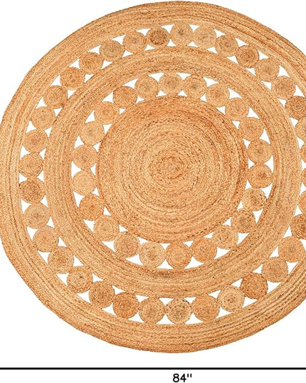 Hand Woven Jute Area Rug - 7' Round - Rustic Beige Reversible Farmhouse Rugs for Bedroom, Kitchen, Living Room - Vintage Natural Braided Entry Floor Décor Circle Boho Round Rugs 7ft